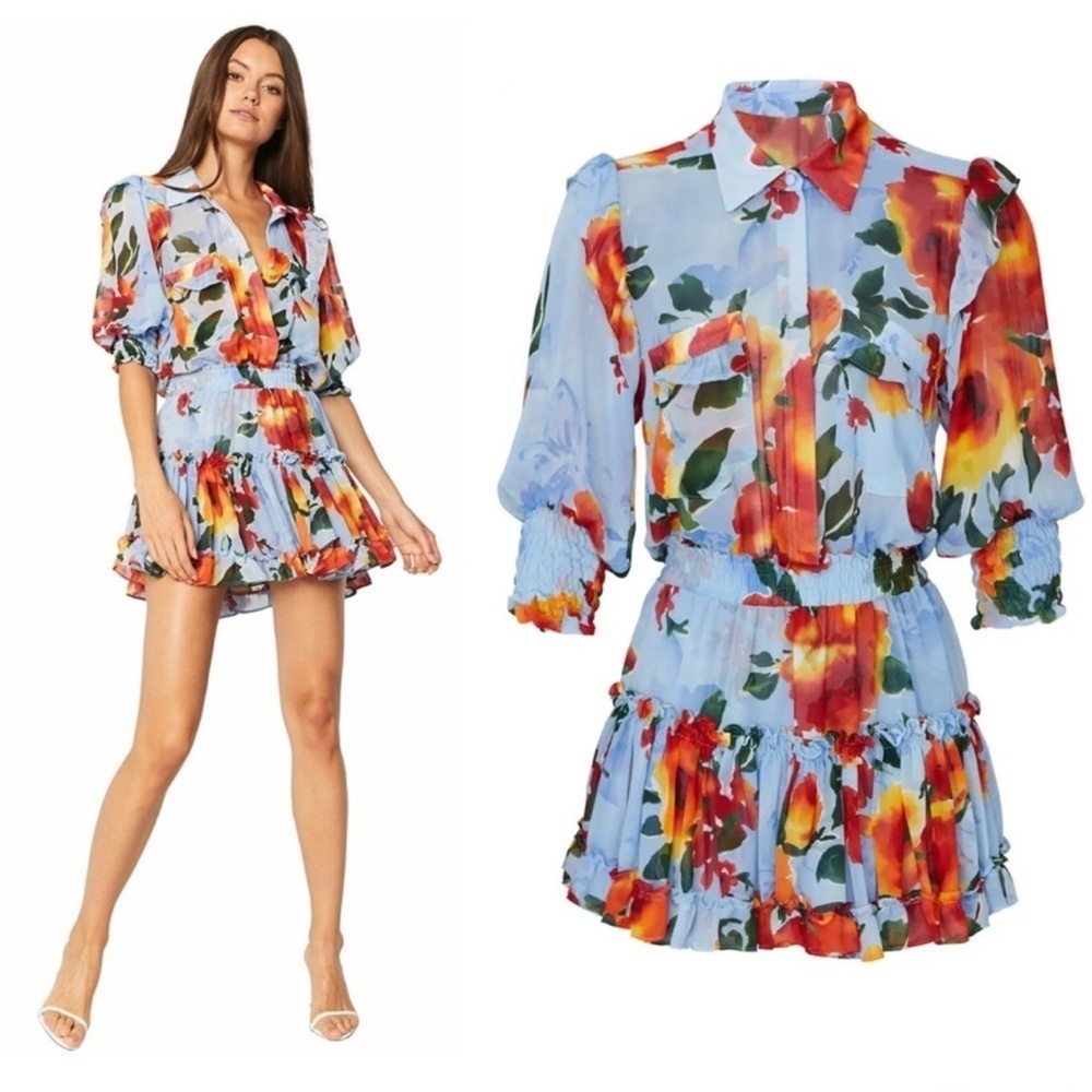 RARE!! MISA Los Angeles Enya Dress Sheer Flounce Summer Floral Blue Orange Sz L